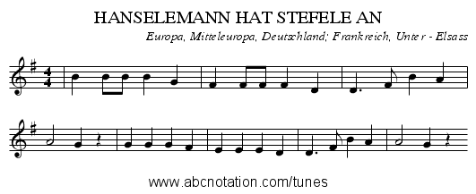 HANSELEMANN HAT STEFELE AN - staff notation