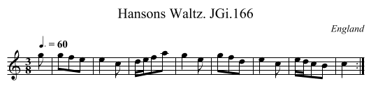 Hansons Waltz. JGi.166 - staff notation