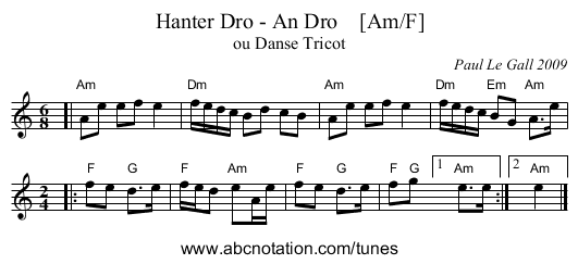 Hanter Dro - An Dro    [Am/F] - staff notation