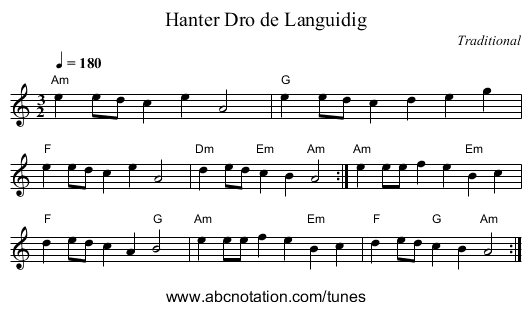 Hanter Dro de Languidig - staff notation