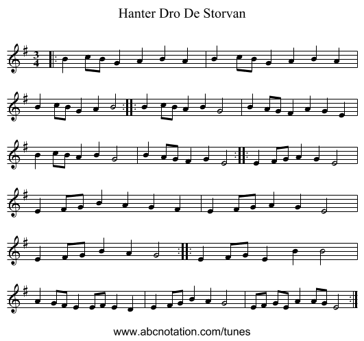 Hanter Dro De Storvan - staff notation