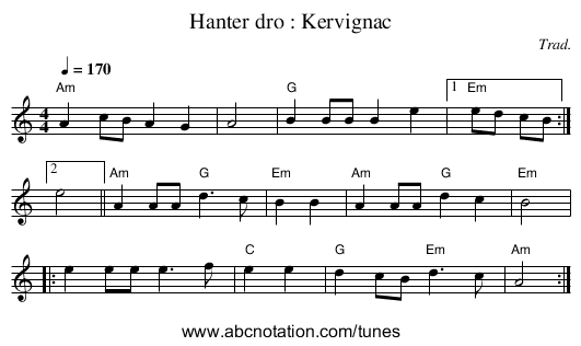 Hanter dro : Kervignac - staff notation