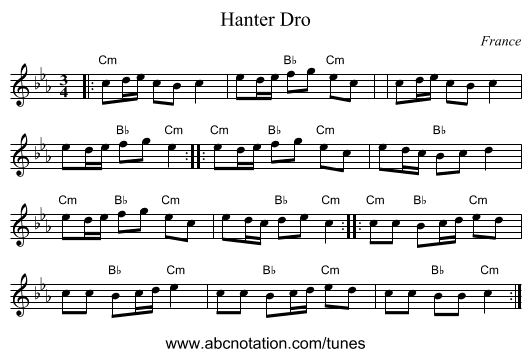 Hanter Dro - staff notation