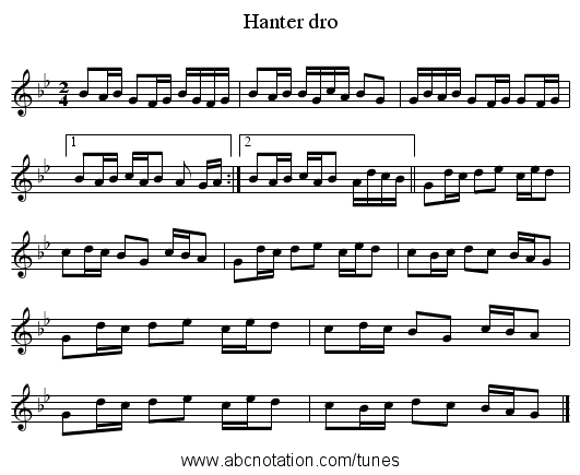 Hanter dro - staff notation
