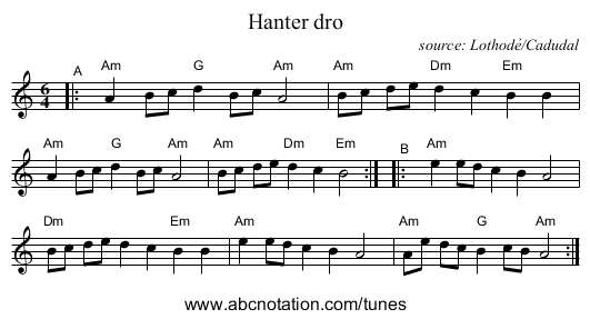 Hanter dro - staff notation