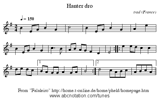 Hanter dro - staff notation