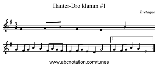 Hanter-Dro klamm #1 - staff notation
