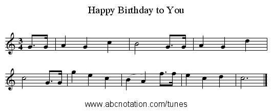 Happy Birthday to You - staff notation