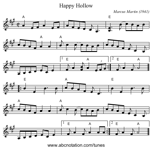 Happy Hollow - staff notation