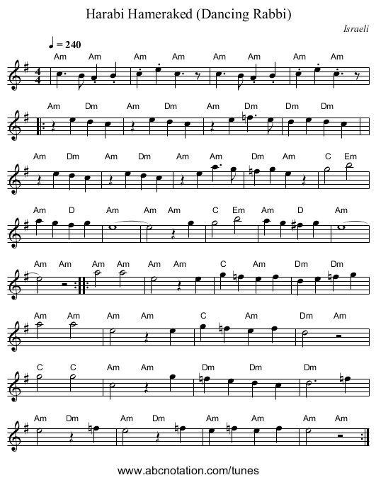 Harabi Hameraked (Dancing Rabbi) - staff notation