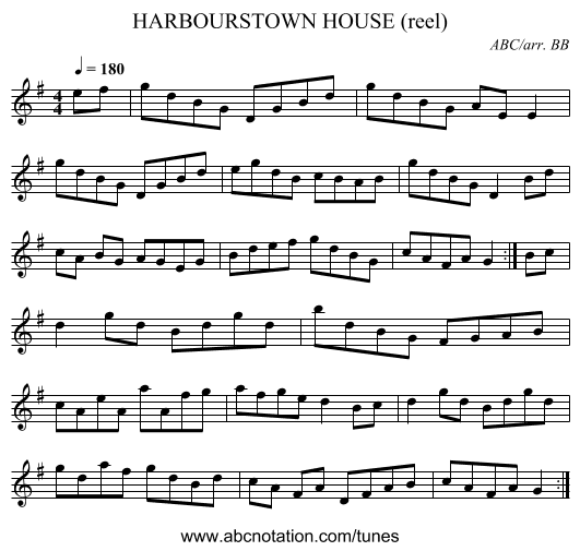 HARBOURSTOWN HOUSE (reel) - staff notation