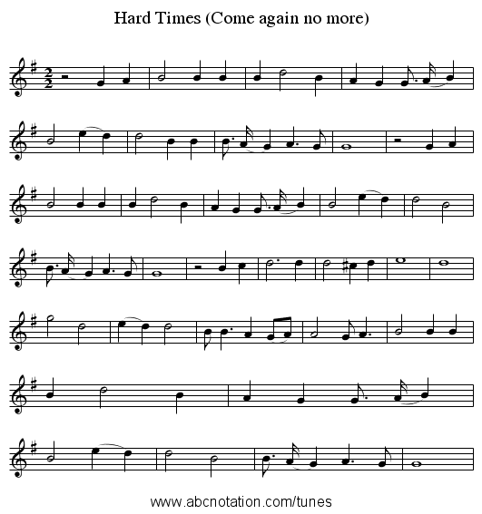 Hard Times (Come again no more) - staff notation