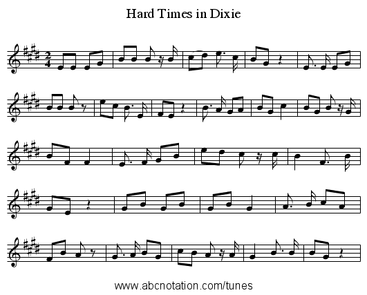 Hard Times in Dixie - staff notation
