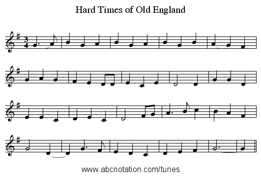Hard Times of Old England - staff notation