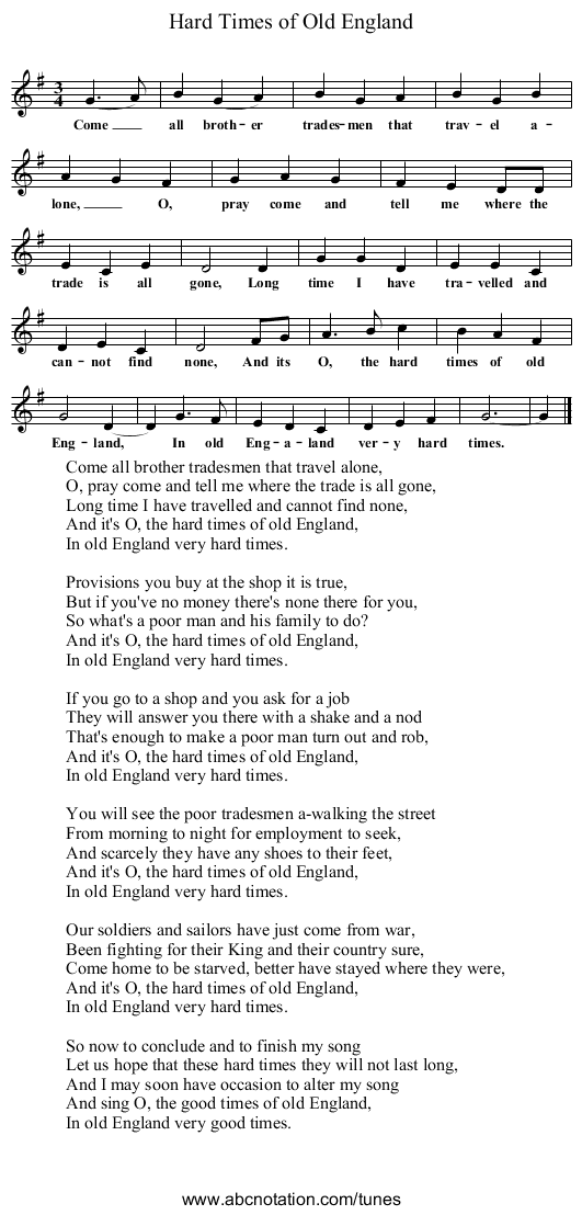 Hard Times of Old England - staff notation