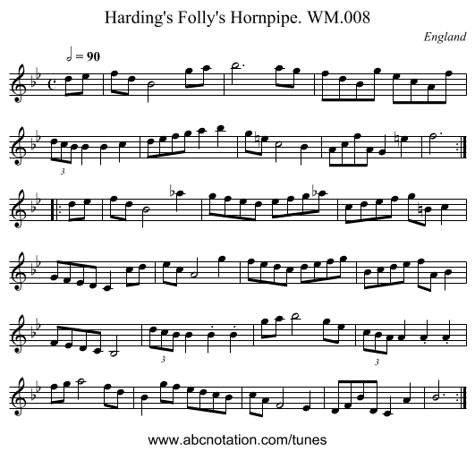 Harding's Folly's Hornpipe. WM.008 - staff notation