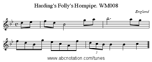 Harding's Folly's Hornpipe. WM008 - staff notation