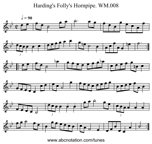 Harding's Folly's Hornpipe. WM.008 - staff notation