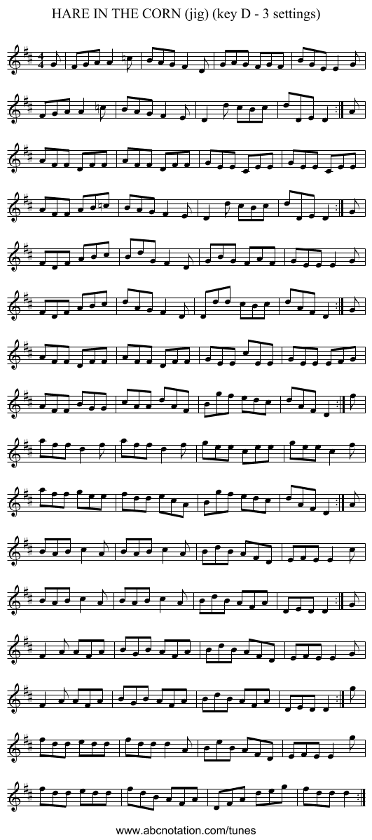 HARE IN THE CORN (jig) (key D - 3 settings) - staff notation