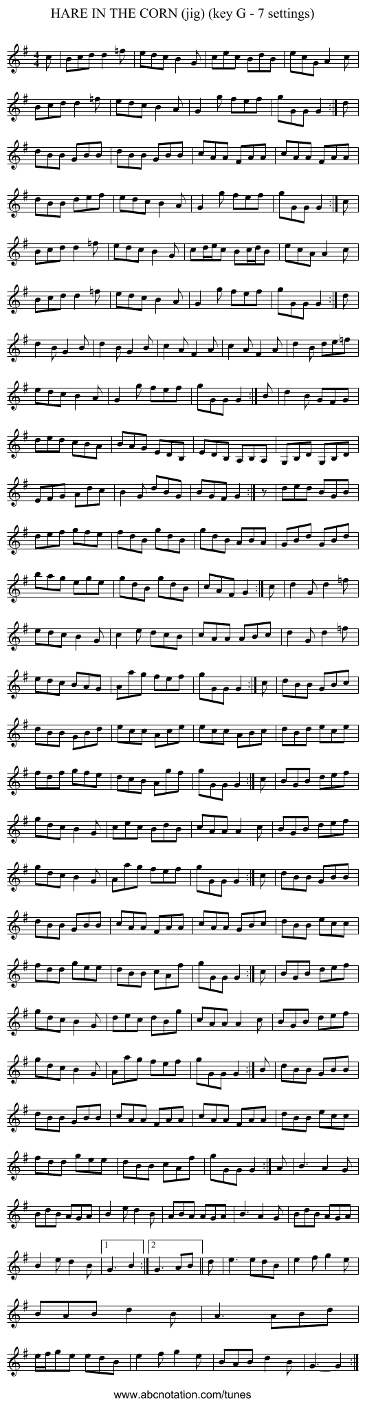 HARE IN THE CORN (jig) (key G - 7 settings) - staff notation
