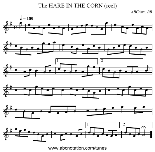 HARE IN THE CORN (reel), The - staff notation