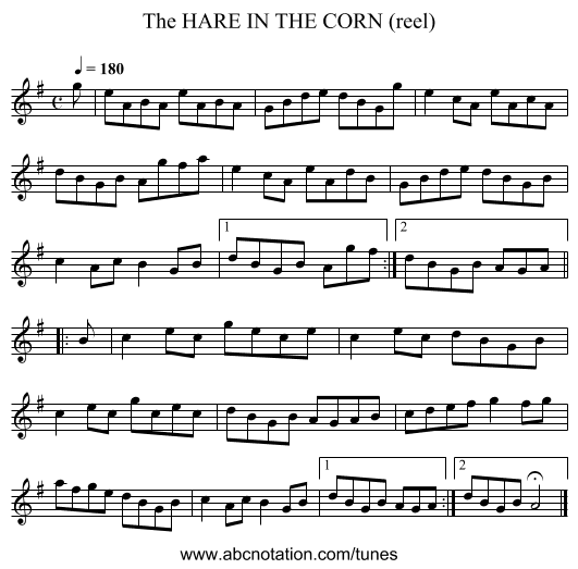 HARE IN THE CORN (reel), The - staff notation