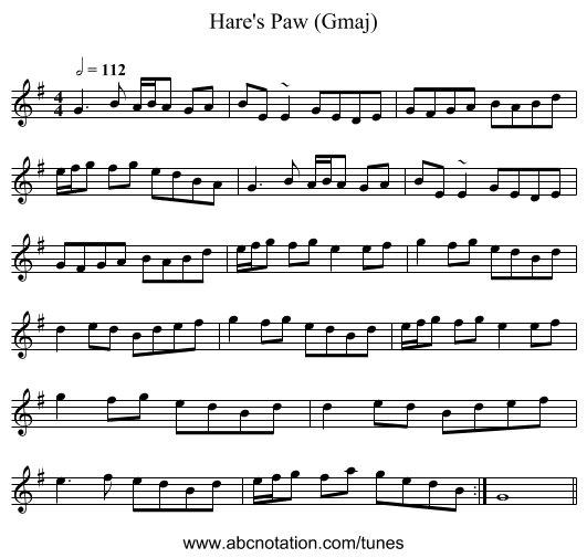Hare's Paw (Gmaj) - staff notation