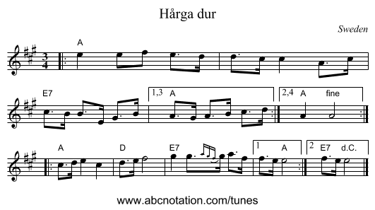 Hårga dur - staff notation