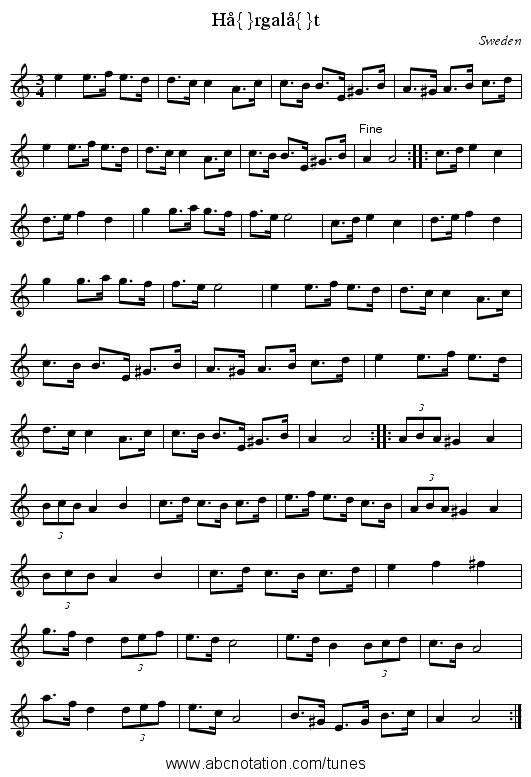 H&aring;rgal&aring;t - staff notation