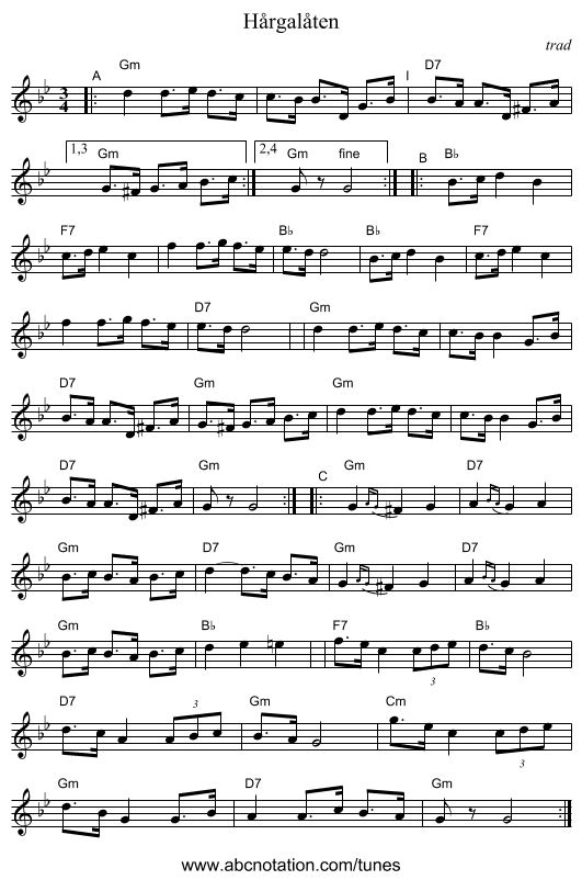 H&aring;rgal&aring;ten - staff notation