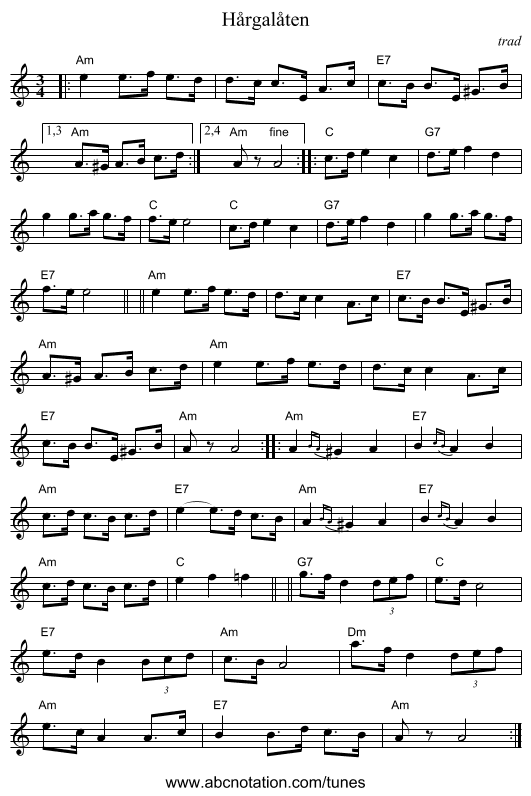 H&aring;rgal&aring;ten - staff notation