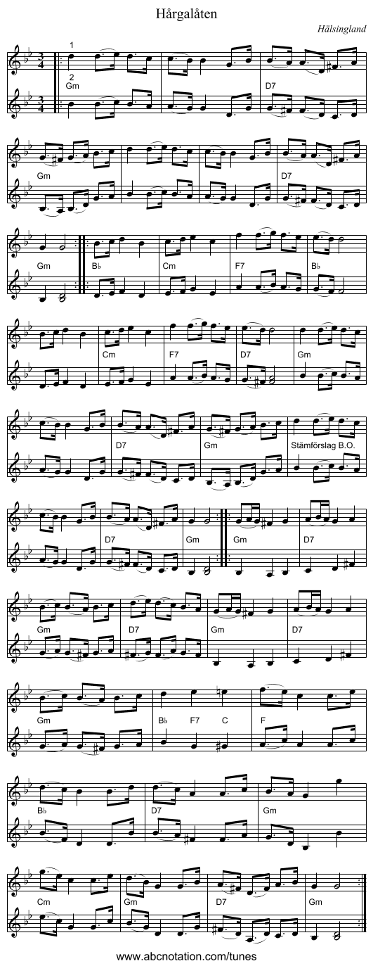 Hårgalåten - staff notation