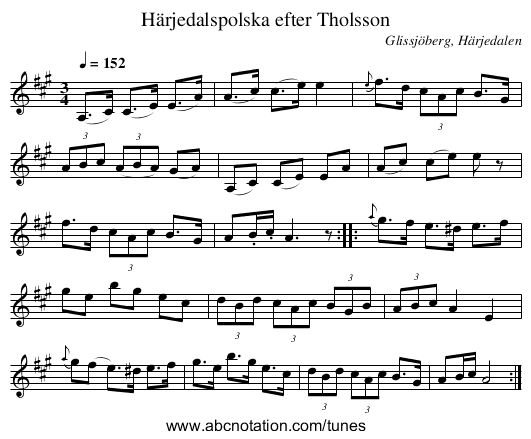 Härjedalspolska efter Tholsson - staff notation