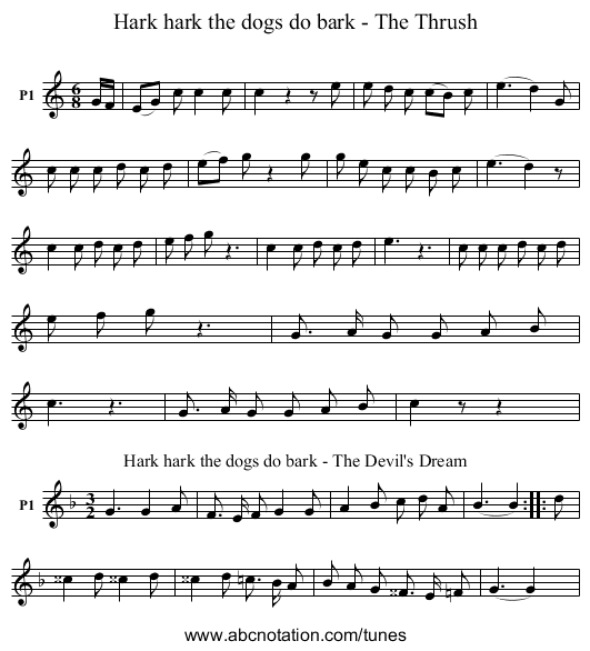 Hark hark the dogs do bark - The Thrush - staff notation
