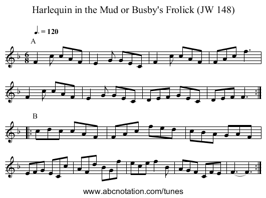 Harlequin in the Mud or Busby's Frolick (JW 148) - staff notation