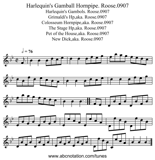 Harlequin's Gamball Hornpipe. Roose.0907 - staff notation