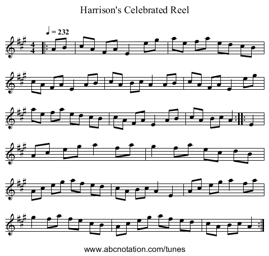 Harrison's Celebrated Reel - staff notation