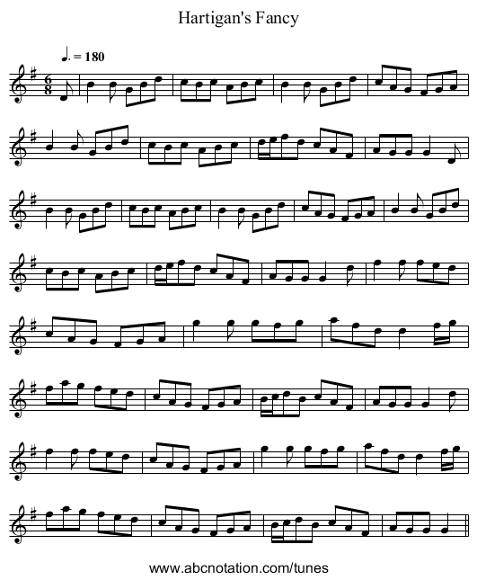 Hartigan's Fancy - staff notation