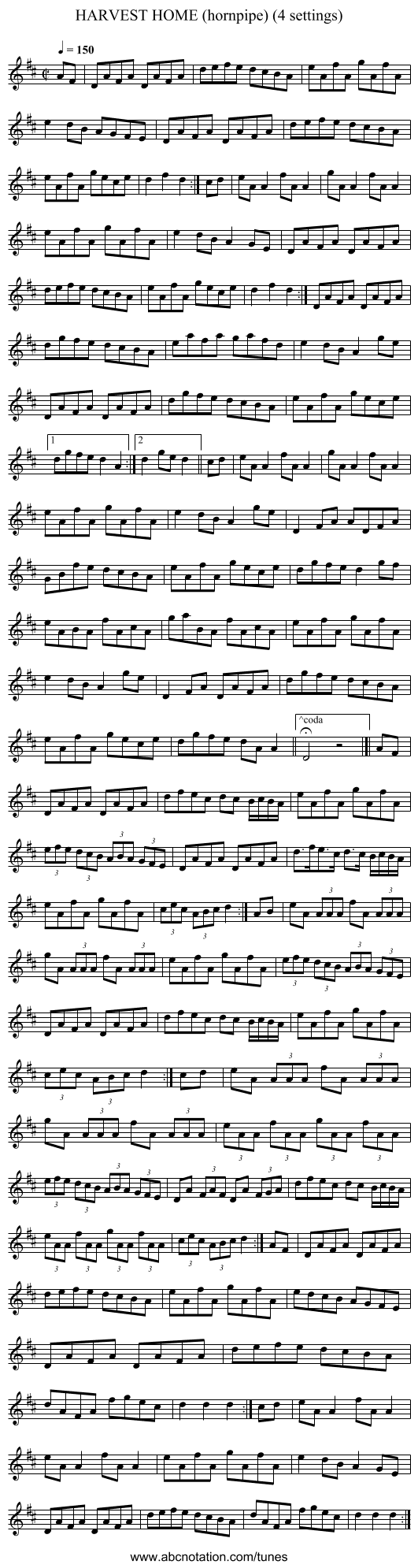 HARVEST HOME (hornpipe) (4 settings) - staff notation