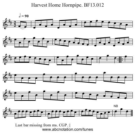 Harvest Home Hornpipe. BF13.012 - staff notation