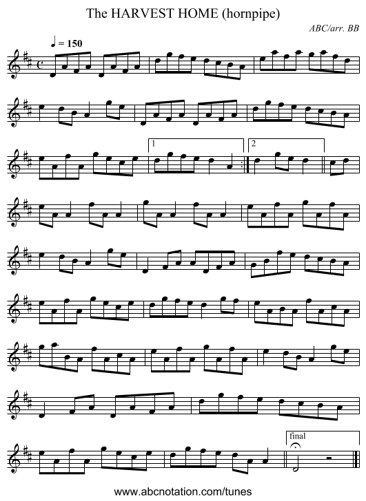 HARVEST HOME (hornpipe), The - staff notation