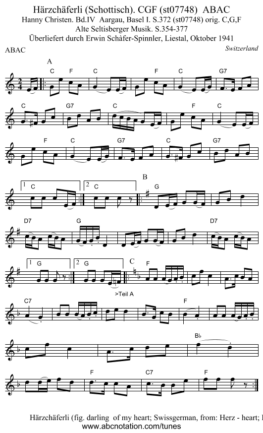 Härzchäferli (Schottisch). CGF (st07748) ABAC - staff notation