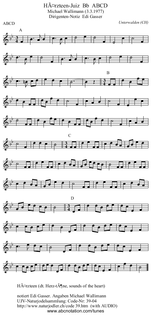 HÃ¤rzteen-Juiz  Bb  ABCD - staff notation