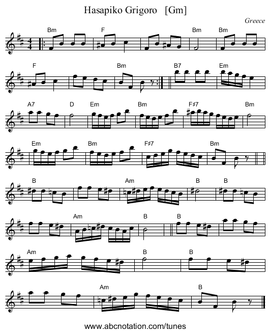 Hasapiko Grigoro   [Gm] - staff notation