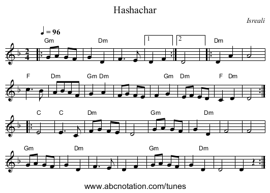 Hashachar - staff notation