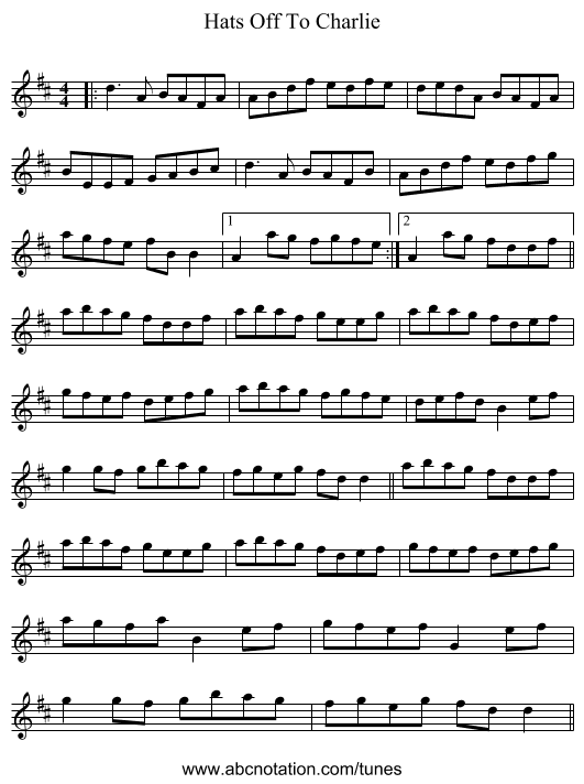 Hats Off To Charlie - staff notation