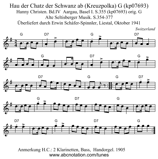 Hau der Chatz der Schwanz ab (Kreuzpolka) G (kp07693) - staff notation