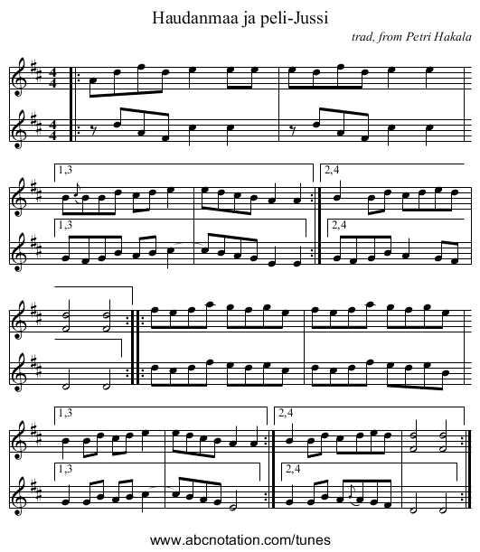 Haudanmaa ja peli-Jussi - staff notation