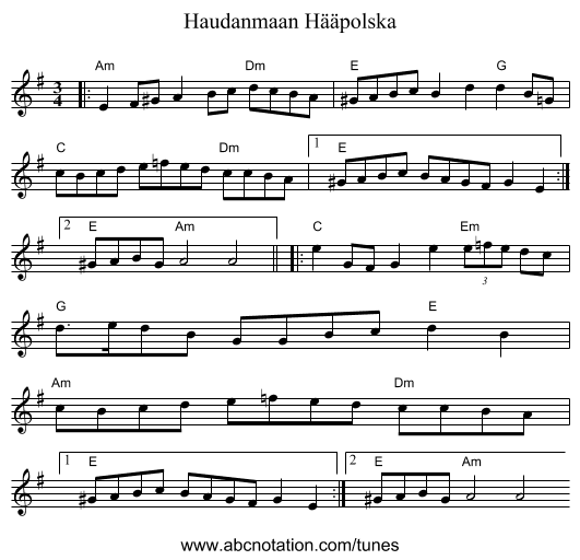 Haudanmaan Hääpolska - staff notation