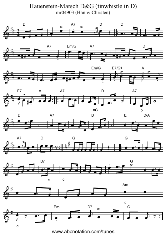 Hauenstein-Marsch D&G (tinwhistle in D) - staff notation